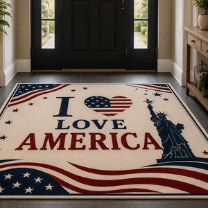 「I Love America」ラグ、手織りの愛国的なエリアラグ、アメリカ国旗柄カーペット、自由の女神の装飾、アメリカンプライドラグ