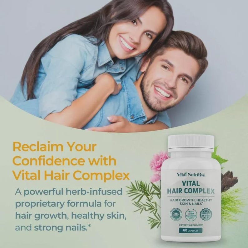 Może przedstawiać: Biała butelka kapsułek Vital Hair Complex. Etykieta głosi "Hair Growth, Healthy Skin & Nails." Obraz zawiera r&oacute;wnież tekst "Reclaim Your Confidence with Vital Hair Complex."