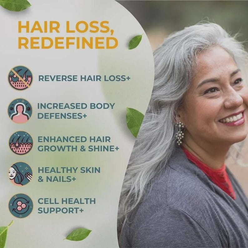 Może przedstawiać: Obraz zawiera tekst "HAIR LOSS, REDEFINED" z ikonami i opisami: Reverse Hair Loss+, Increased Body Defenses+, Enhanced Hair Growth & Shine+, Healthy Skin & Nails+ i Cell Health Support+. Uśmiechnięta kobieta z siwymi włosami w tle.