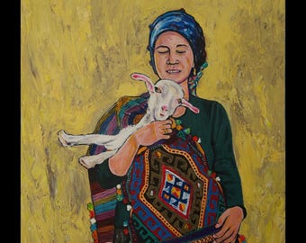 Genç köylü kadının hayvan sevğisi | Original Sanat Eseri | 50x70 | Tuval Üzerine Akrilik |