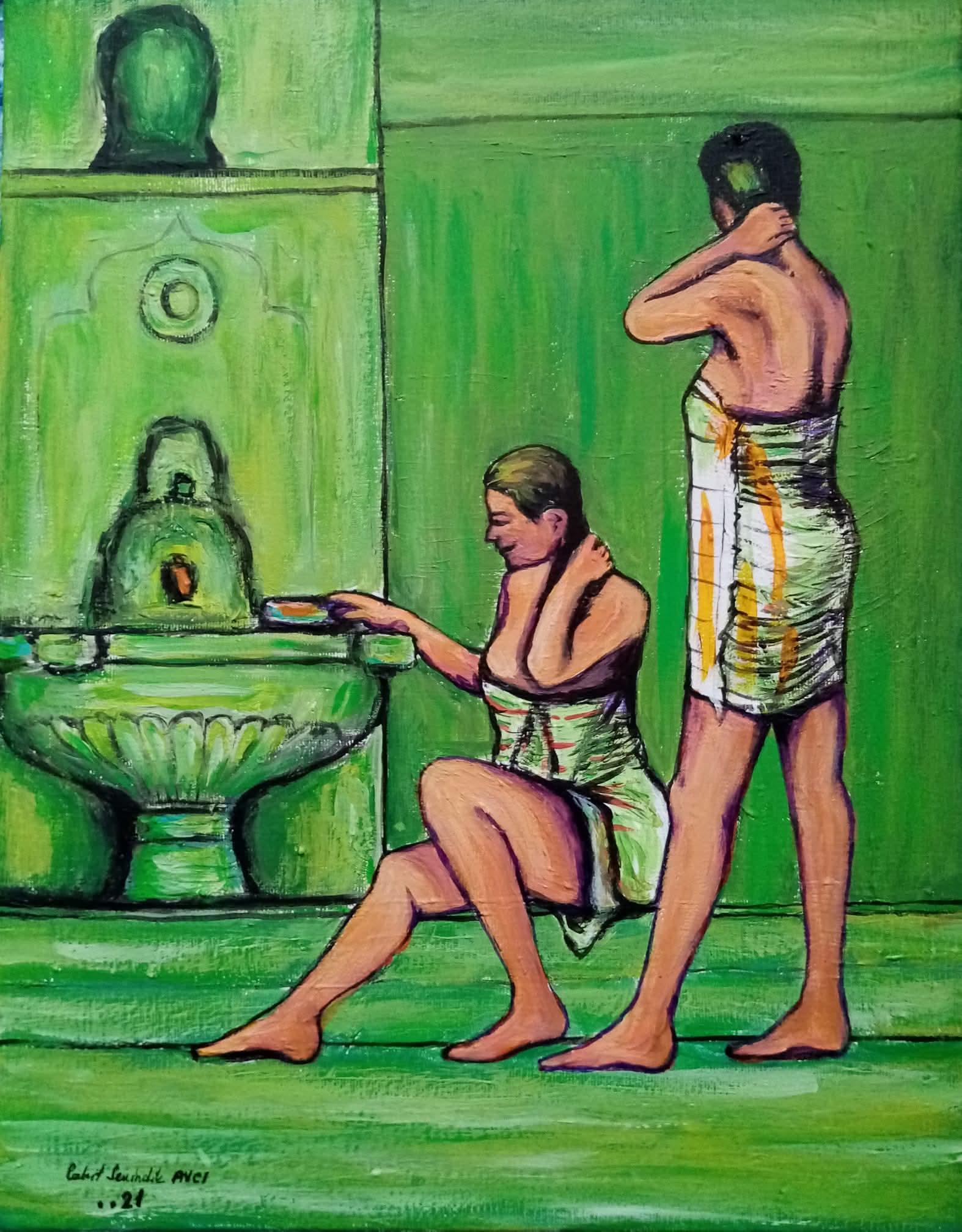 Hamamda Türk kadınları | Origineel Sanat Eseri | 35x45 | Tuval Üzerine Akrilik