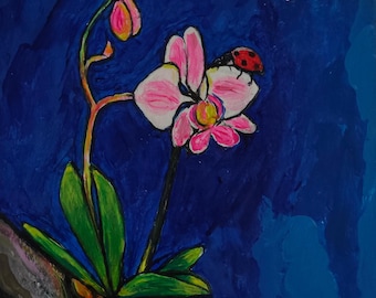 Çiçek üzerinde uğur böceği | Original Sanat Eseri | 18x25.5 | Duralit Üzerine akrilik boya