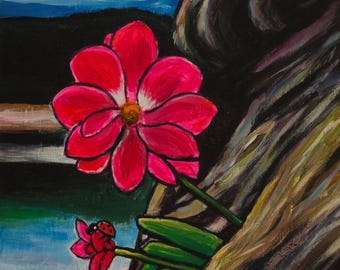 Çiçek üzerinde uğur böceği | Original Sanat Eseri | 18x25.5 | Duralit Üzerine akrilik boya