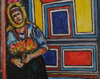 Çomakdağlı kadın-Milas-Türkiye | Original Sanat Eseri | 24x27 | Duralit Üzerine akrilik boya