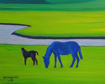 Anne at ve tayı arazide | Original Sanat Eseri | 30x40| Tuval Üzerine yağlı boya