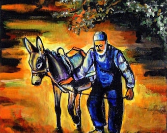 Yaşlı adam ve eşeği | Original Sanat Eseri | 25x30 | Tuval Üzerine Akrilik