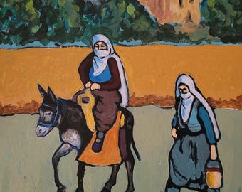 Kapadokya'da köylü kadınlar | Original Sanat Eseri | 23.5x29 | Duralit Üzerine Akrilik boya