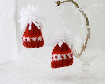 2 Red Mini Hat Ornaments- Knit Miniature Caps- Christmas- Holiday, Doll, Bears, Pets- Red, White- 2 Inches Across