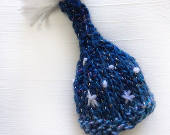 Miniature Celestial Hat- Blue with White Stars- Elf Hat- Doll Hat- Hand Knitted- 4 Inches Tall
