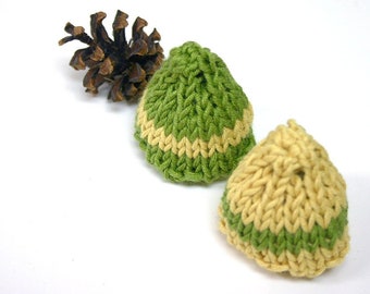 2 Miniature Hats- Green, Yellow- Knitted Teddy Bear Hat- Doll Clothes, Pet Hats- 2 Inches Across