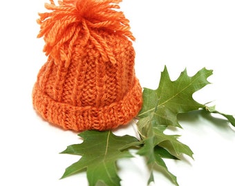 Orange Preemie Baby Hat- Hand Knitted Cap- Charity Donation- Boy or Girl- Baby Beanie, Pom Pom