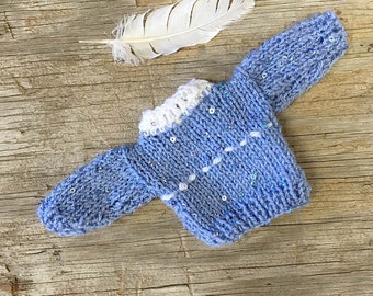 Hand-Knitted Miniature Blue Sequined Sweater – Doll or Bear Clothes