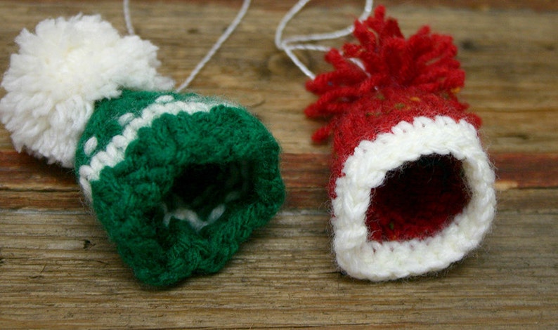 Red Green Miniature Hats 2 Knitted Hats Tree Ornaments Christmas Decor Doll Hats, Bear Hats image 3