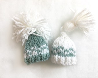 2 White Aqua Knit Hats- Miniature Knitted Hats- Doll Hats, Small Pets, Teddy Bears- 2 Inches Across