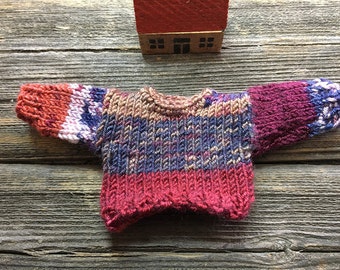 Miniature Knitted Sweater- Doll Clothes- 1:6 Scale- Rust, Brown, Purple- Bear Sweater- 2.25 inches Across Chest