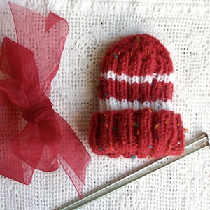 Red Preemie Baby Hat XS Knitted Boy or Girl Red White Stripes image 1