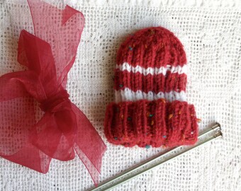 Red Preemie Baby Hat- XS Knitted- Boy or Girl- Red White Stripes