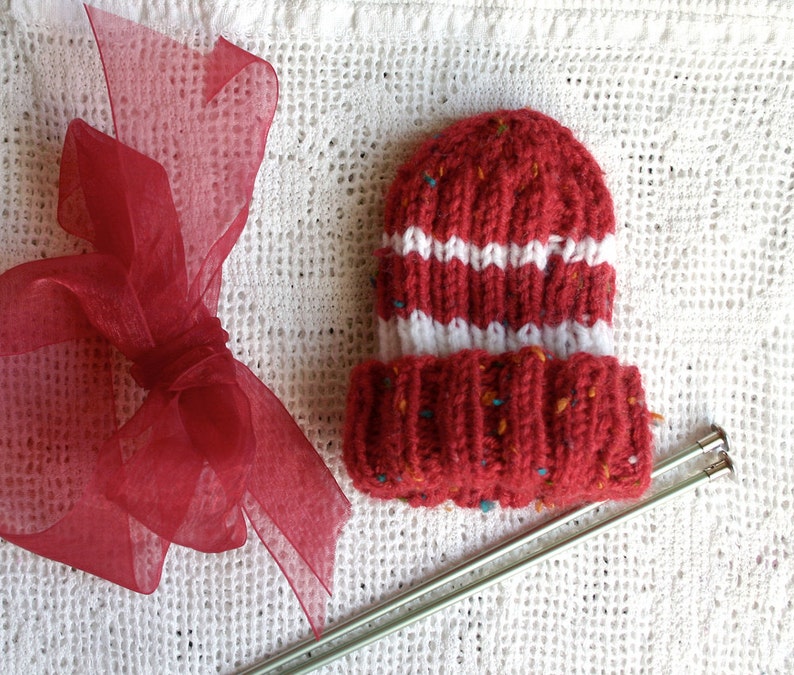 Red Preemie Baby Hat XS Knitted Boy or Girl Red White Stripes image 1