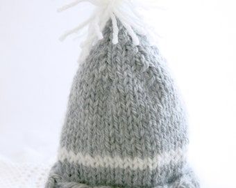 Grey Knit Baby Hat- Beanie- Newborn Size Cap- Boy or Girl-  Gray, White Stripe, Pom Pom