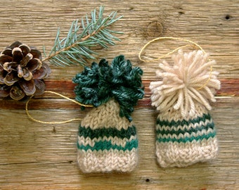 2 Miniature Hat Ornaments- Green, Beige- Doll Clothes- Knitted hats