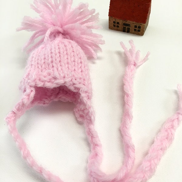 Pink Earflap Hat- Miniature Hat- 2 Inches Across- Doll Hat, Bear Cap- Bottle Hat