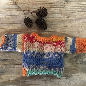 Miniature Sweater- Doll Sweater, Bear Clothes- 2.25 Inches Across Chest- Orange, Blue, Red