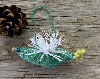 Green Bird Ornament- Hand Knitted- Christmas Ornament- Stocking Stuffer- Home Decoration- Metallic Yarn