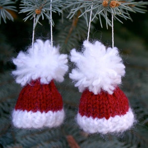 Two Santa Hat Ornaments- 2 Miniature Knit Red Caps- Doll, Bears, Ornaments, Holiday Decor