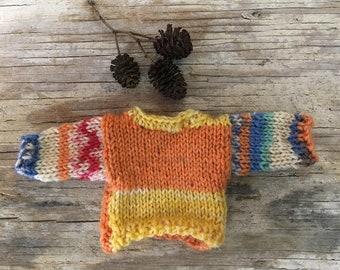 Miniature Sweater- 1:6 Scale Hand Knitted- Doll Clothes, Orange, Yellow- 2.25 inch Chest