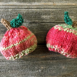 Miniature Apple Hats- 2 Knitted Caps- Doll Clothes- Red, Green, Pink, Brown- Doll Hat- Bear Hat