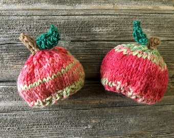 Miniature Apple Hats- 2 Knitted Caps- Doll Clothes- Red, Green, Pink, Brown- Doll Hat- Bear Hat