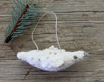 Hand-Knitted White Bird Ornament – Sequined Holiday Decoration