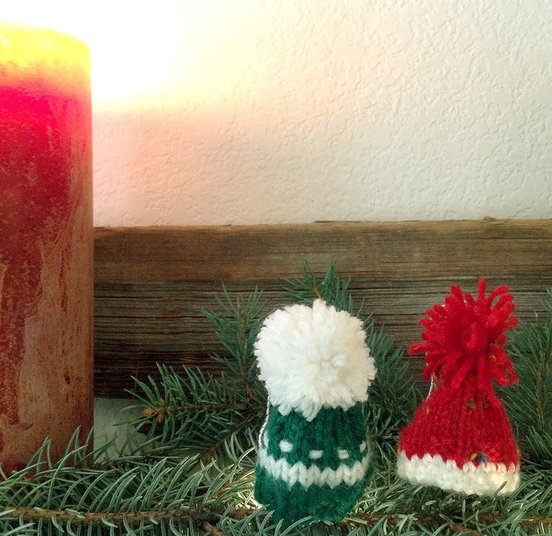 Red Green Miniature Hats 2 Knitted Hats Tree Ornaments Christmas Decor Doll Hats, Bear Hats image 2