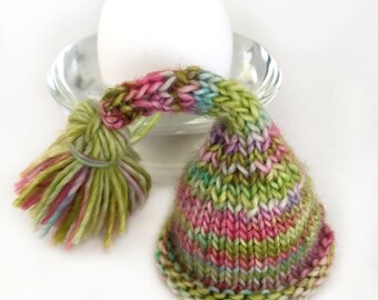 Green Pink Miniature Hat- 2 Inches Across- Green, Aqua, Pink- Doll Hat, Bear Hat- Cashmere Yarn- Egg Cozy