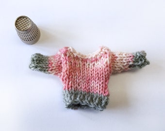 Miniature Knit Pullover Sweater- Sweater Ornament- Pink, Grey- Tiny Jumper- Dolls, Bears-  1.25 Inch Chest