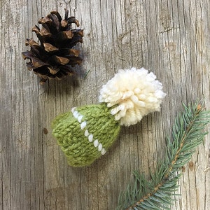 Green Miniature Knit Hat- Olive, Chartreuse, Lime-  Tree Ornament- Gift Topper, Doll Hat, Pet, Bear