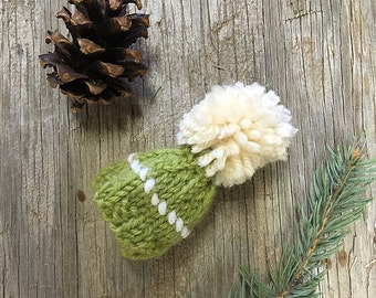 Green Miniature Knit Hat- Olive, Chartreuse, Lime-  Tree Ornament- Gift Topper, Doll Hat, Pet, Bear