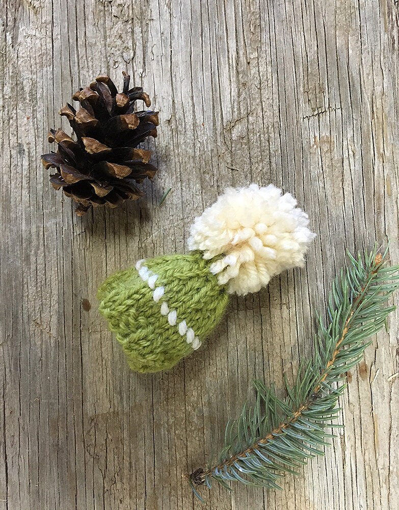 Green Miniature Knit Hat- Olive, Chartreuse, Lime-  Tree Ornament- Gift Topper, Doll Hat, Pet, Bear