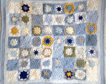 Blue Crocheted Baby Blanket-  Boy or Girl- Made To Order- Hand Crochet- Blues, Grey, Yellow, White- Toddler Blanket