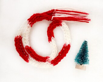 Hand Knit Miniature Doll Scarf – Red and White Wool, 17.5 Inches