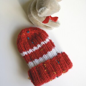 Red Preemie Baby Hat XS Knitted Boy or Girl Red White Stripes image 2