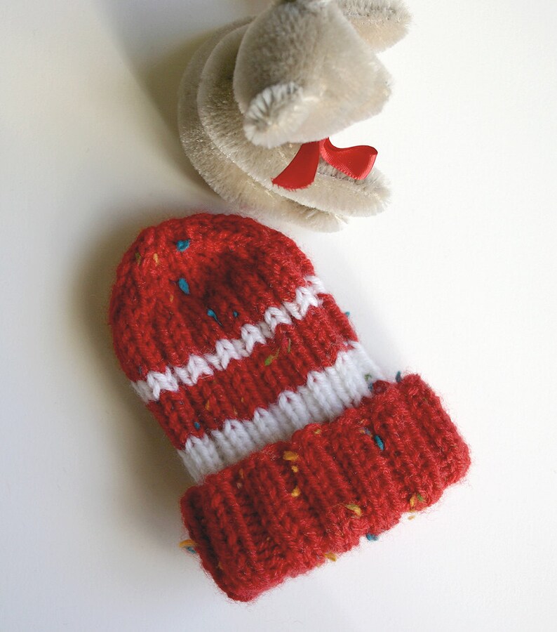 Red Preemie Baby Hat XS Knitted Boy or Girl Red White Stripes image 2