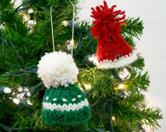 Red Green Miniature Hats- 2 Knitted Hats- Tree Ornaments- Christmas Decor- Doll Hats, Bear Hats