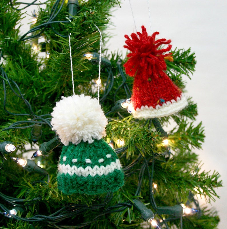 Red Green Miniature Hats 2 Knitted Hats Tree Ornaments Christmas Decor Doll Hats, Bear Hats image 1