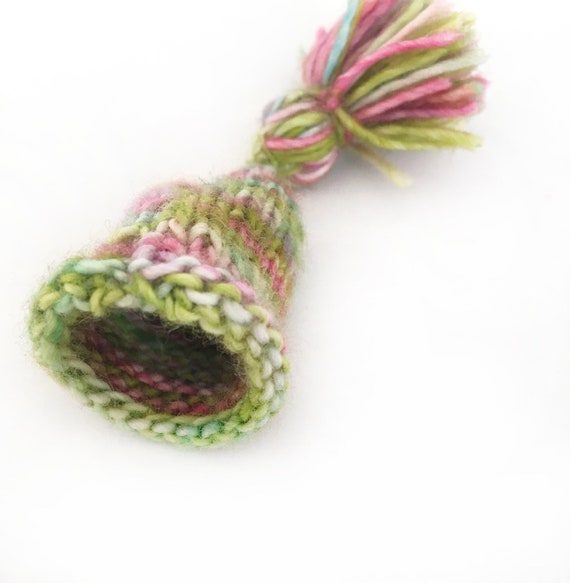 Miniature Knitted Beanie – Green, Aqua, Pink Doll Hat with Tassel