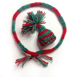 Miniature Scarf Hat Set- Red, Green Stripes- Doll Clothes- Bear Clothes- Christmas Decor- Bottle Decoration- Stocking Stuffer