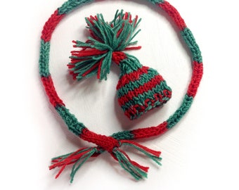 Miniature Knitted Scarf and Hat Set – Red Green Stripes, Doll Clothes