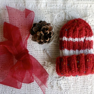 Red Preemie Baby Hat XS Knitted Boy or Girl Red White Stripes image 3