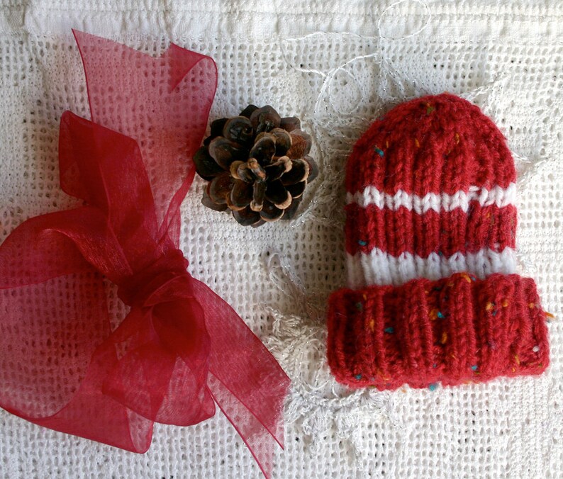 Red Preemie Baby Hat XS Knitted Boy or Girl Red White Stripes image 3