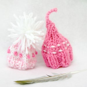 2 Pink Miniature Knit Hats- Hand Knitted Mini Caps- Doll Hats, Pet Hats- 2 Inches Wide